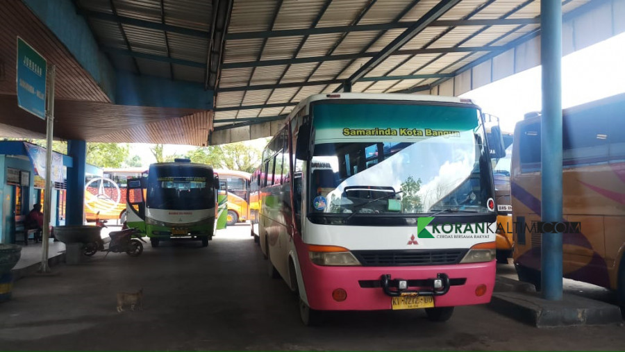 Hanya bisa parkir, Bus di Terminal Sungai Kunjang sepi peminat (Foto: Permata/korankaltim.com)