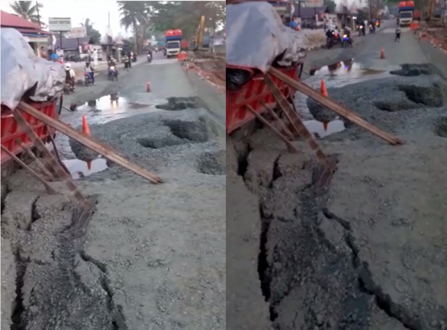 Tangkapan Layar Jalan amblas yang disebut berada di KM 11,5 Balikpapan-Samarinda dan sementara tak bisa dilewati pengguna kendaraan roda empat. (Foto: Berbagai Sumber ))