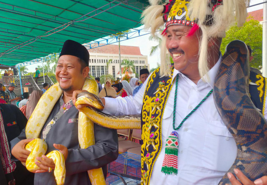 Edi dan Rasyid saat menggendong ular milik komunitas Korek pada Senin (28/10/2019). (Foto: Reza Fahlevi/korankaltimcom)