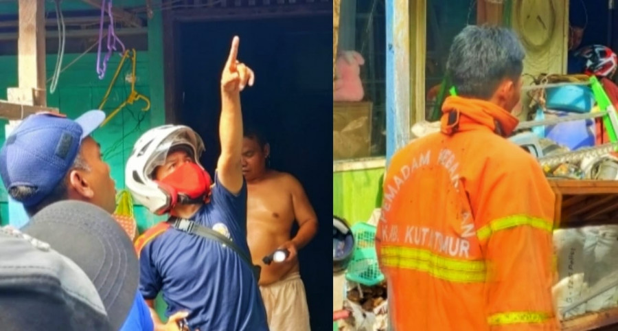 Petugas pemadam kebakaran saat meninjau lokasi kejadian untuk memastikan api benar-benar padam (Foto: istimewa)