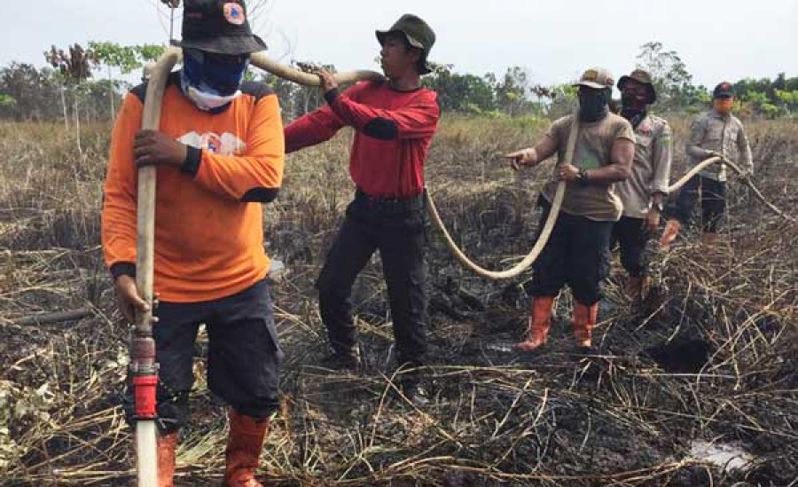 Petugas BPBD Kabupaten PPU tengah berupaya memadamkan kebakaran lahan gambut di Desa Giripurwa, Kecamatan Penajam