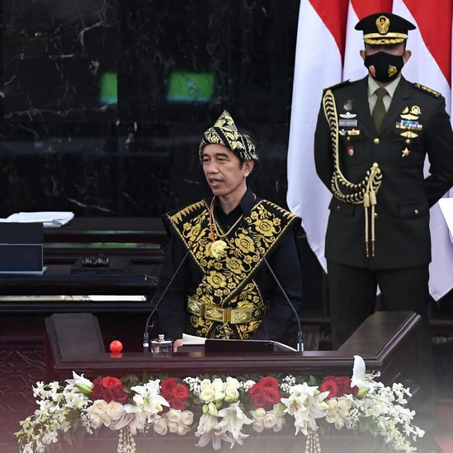 Presiden Republik Indonesia Joko Widodo, saat menyampaikan pidato Kenegaraan dalam rangka HUT ke-75 Kemerdekaan RI di Ruang Rapat Paripurna, Gedung Nusantara MPR/DPR/DPD RI, Jakarta, Jumat (14/8/2020). (Biro Pers Istana Kepresidenan)