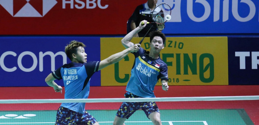 Pasangan ganda putra Marcus Fernaldi Gideon/Kevin Sanjaya Sukamuljo, satu dari enam wakil Indonesia yang lolos ke fase kedua Indonesia Open 2019. badmintonindonesia.com)