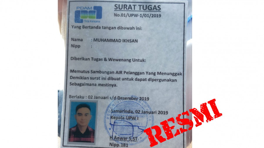 Contoh surat tugas resmi petugas PDAM Tirta Kencana Kota Samarinda ( dok / PDAM)