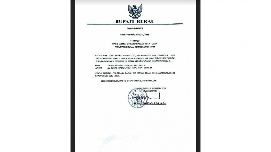 Saipul Rahman Jabat Dirut PDAM Tirta Segah