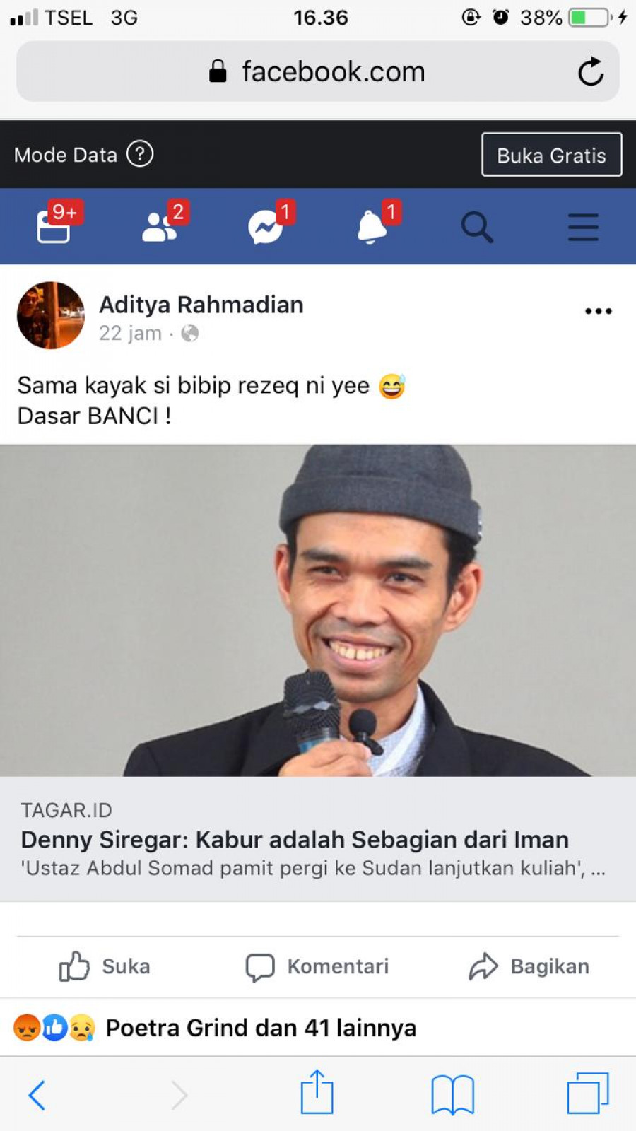 Screenshot postingan akun Aditya Rahmadian yang dinilai menghina Ustad Abdul Somad ( Foto: facebook)