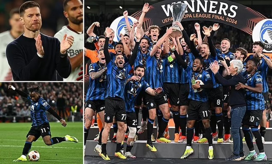 Perayaan gelar juara Europa League Atalanta yang mematahkan tren kemenangan Xabi Alonso (kiri atas) bersama Bayer 04 Leverkusen dengan aktor utama adalah Adamola Lookman (kiri bawah), pencetak tiga gol di laga final dini hari tadi. (dailymail)