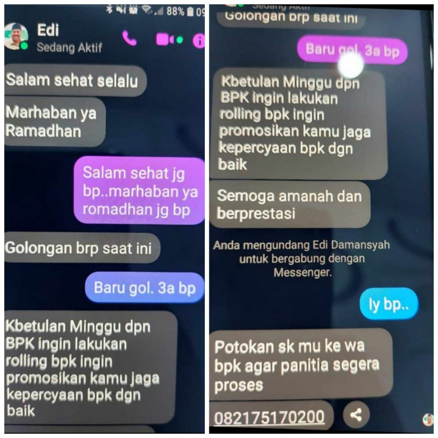 Obrolan di aplikasi Messenger oleh akun palsu mengatasnamakan Edi Damansyah ke calon korbannya. (foto: istimewa)