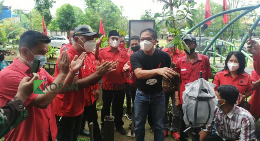 Ketua DPC PDI Perjuangan Kota Balikpapan Thohari Aziz mengangkat bibit pohon yang akan ia tanam bersama para kader. (Foto: Hendra/KoranKaltim.Com)