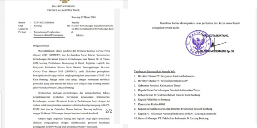 Surat dari Wali Kota Bontang kepada Kemenhub terkait rencana karantina wilayah. ( Foto: Istimewa )