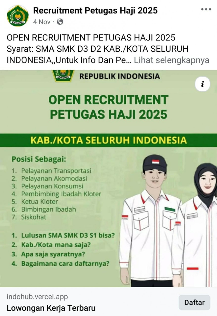 Tangkapan layar unggahan rekrutmen petugas haji di media sosial. (Istimewa)