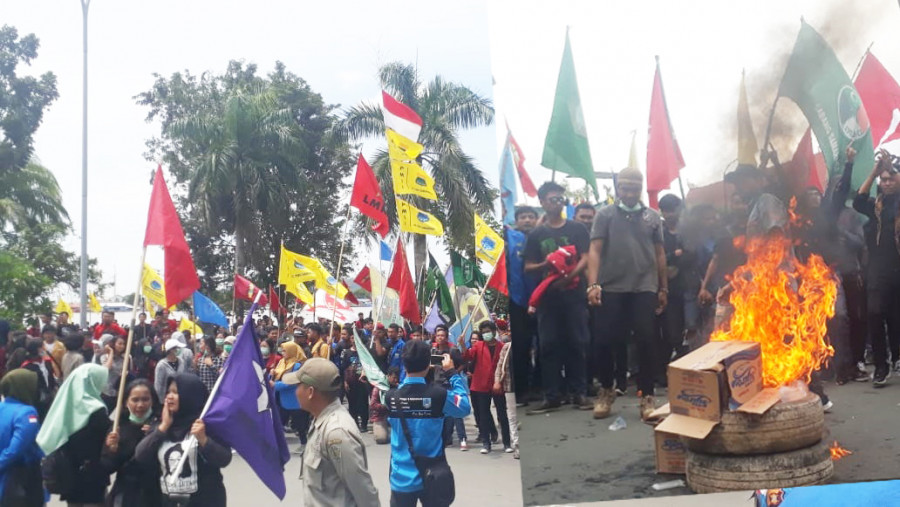 Demo mahasiswa di depan kantor gubernur berakhir ricuh hingga bakar ban ( ricardo / korankaltim.com)
