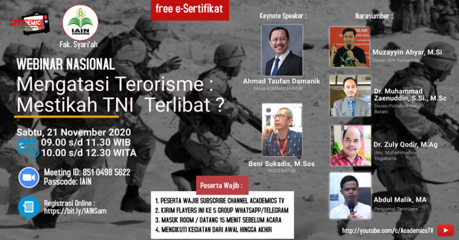Academics TV Dan Fakultas Syariah IAIN Samarinda Gelar Webinar Atasi Aksi Terorisme : Mestikah TNI Terlibat ?