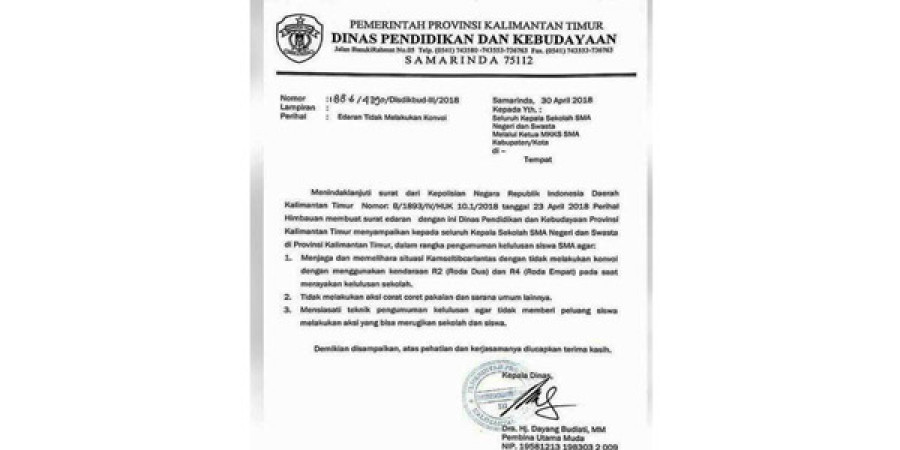 Disdikbud Kaltim Larang Konvoi dan Corat-Coret Kelulusan