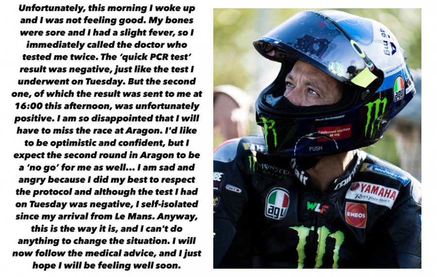 Valentino Rossi, mengumumkan dirinya terkonfirmasi positif Covid-19, melalui unggahan Twitter (Twitter/@valeyyellow46)