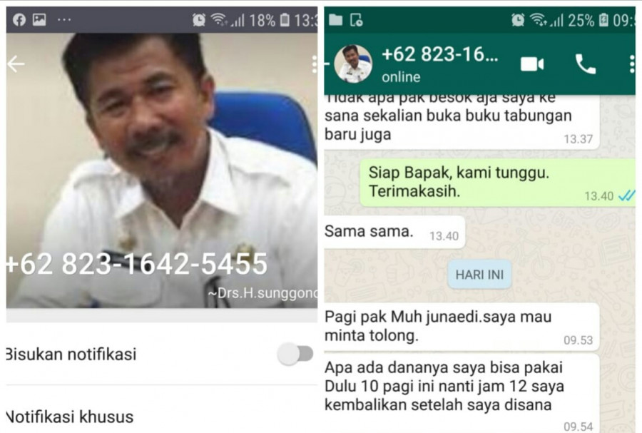 Tangkapan layar Kontak pesan WhatsApp yang mengatasnamakan Sekda Kukar Sunggono (foto: istimewa)