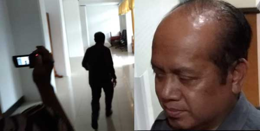 MENGHINDAR: Purnomo menjauhi awak media yang ingin mengonfirmasi alasan dibalik mundur dari jabatan Sekretaris DPRD Balikpapan. (insert) Purnomo.