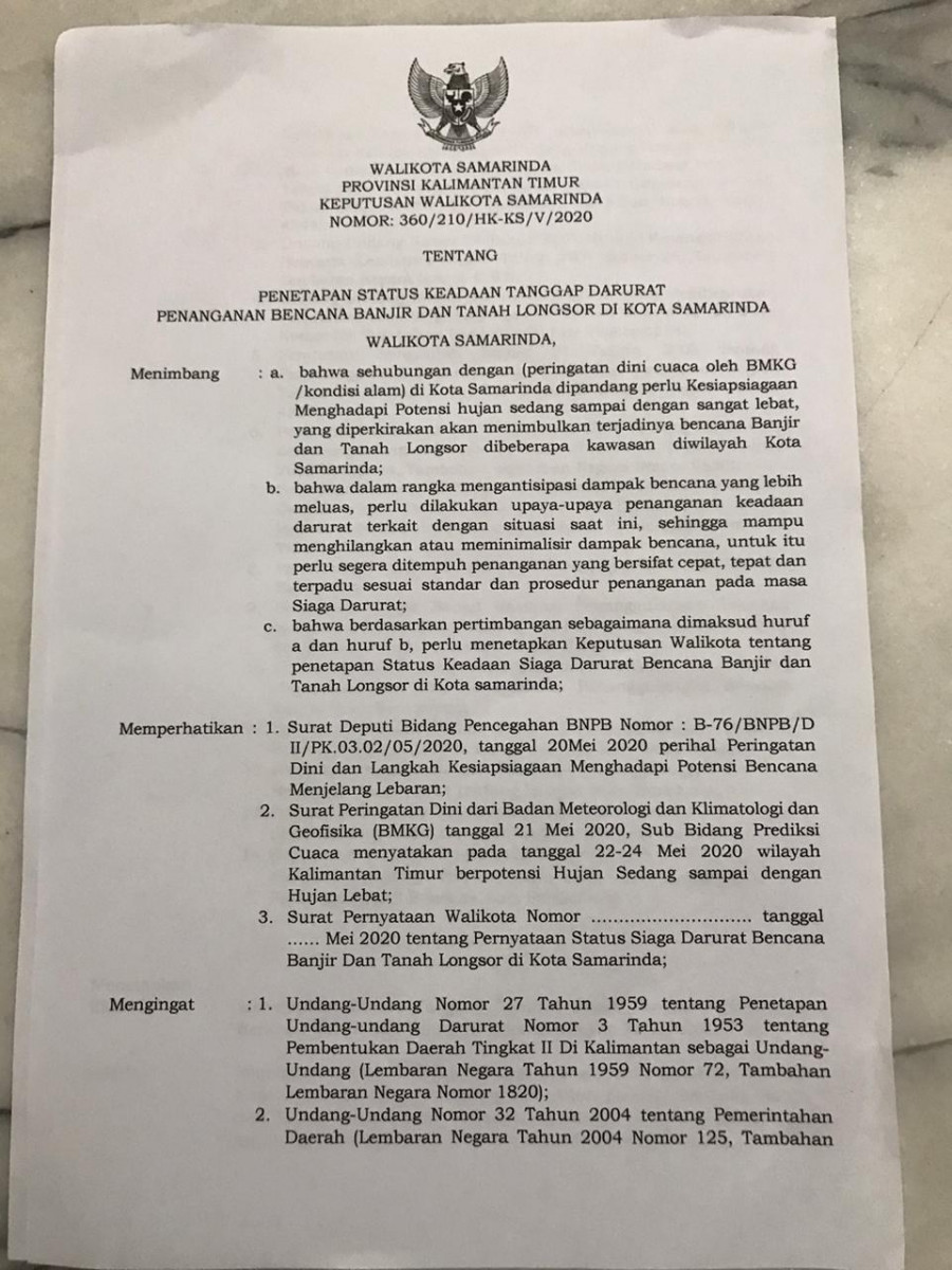 Surat tanggap darurat banjir dan longsor diterbitkan Pemkot Samarinda yang beredar. (Foto: Istimewa)