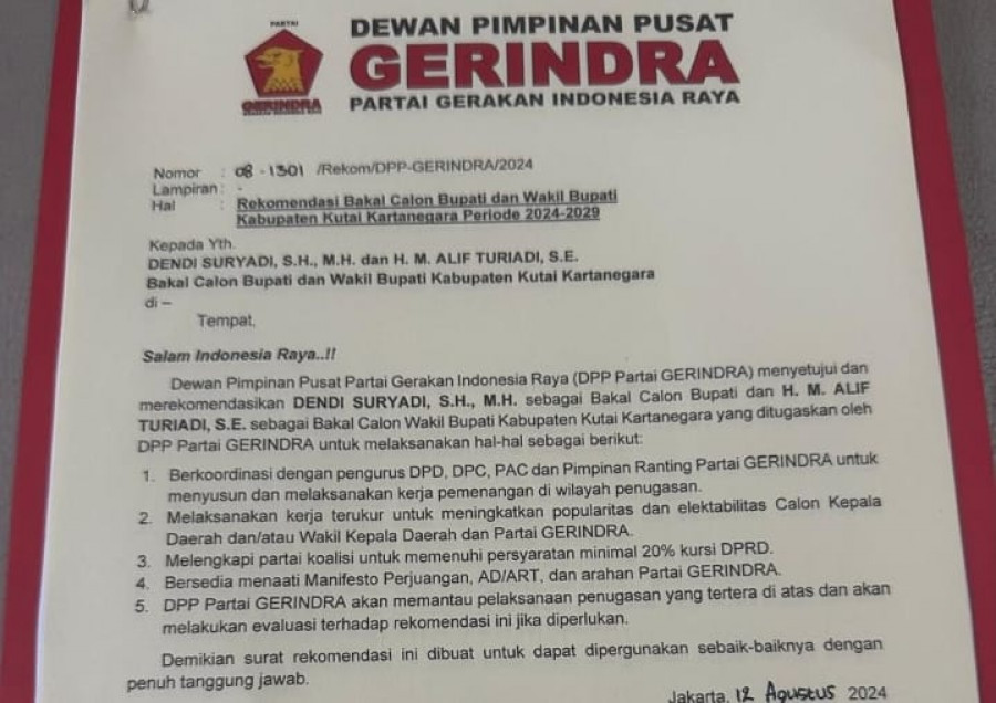 Rekomendasi DPP Gerindra untuk Dendi-Alif. (Foto: Istimewa)
