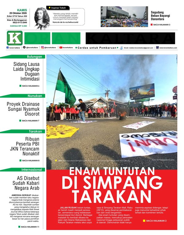 Sampul “Enam Tuntutan di Simpang Tarakan” Koran Kaltara 29 Oktober 2026