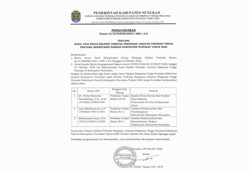 Pengumuman hasil Pansel Sekda Nunukan 2026. (Foto: BKPSDM Nunukan)