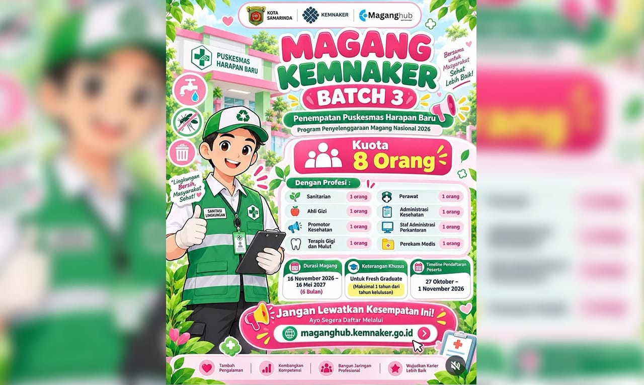 Flyer Magang Kemnaker di Puskesmas Harapan Baru, Samarinda. (Foto: Instagram UPTD Puskesmas Harapan Baru)