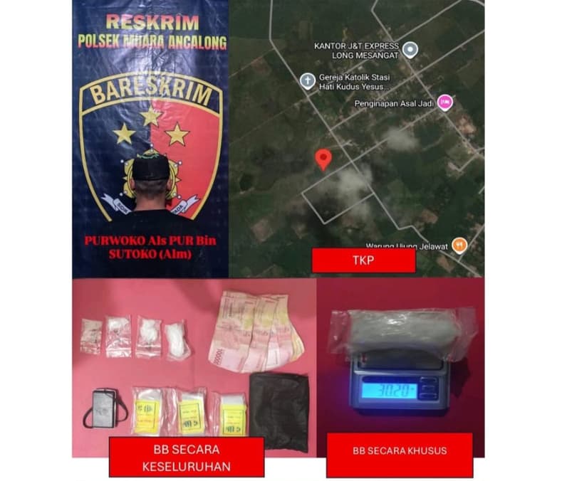 Dugaan pelaku kepemilikan sabu beserta BB yang diungkap Polsek Muara Ancalong. (Foto: Dok. Polres Kutim)